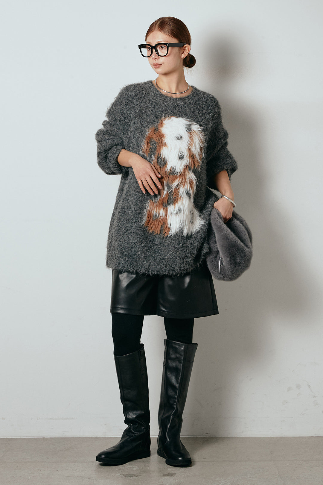 [SET]シャギーニュアンスアニマルニット+ストレッチエコレザーバミューダパンツ(2set)