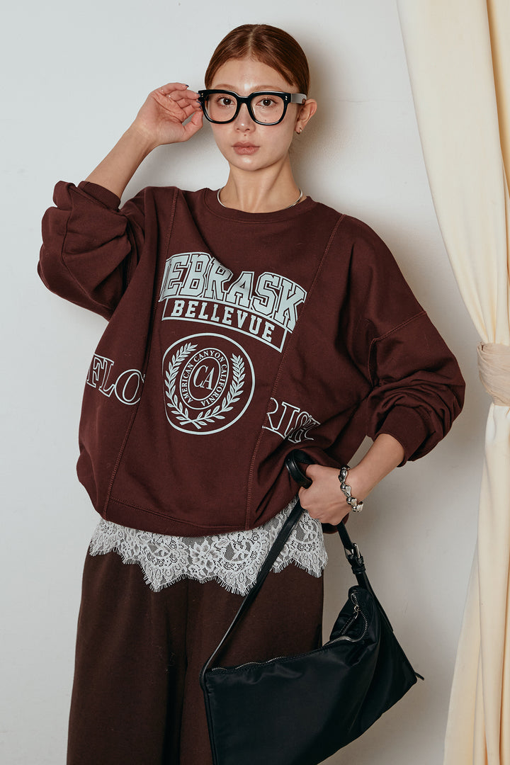 [SET]裏毛カレッジプリントプルオーバー+裏起毛スウェットワイドパンツ+カップ付きレースドッキングキャミソール(3set)