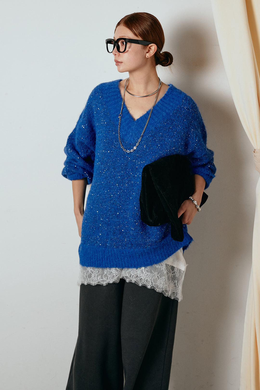 [SET]Vネックルーズラメニットトップス+裏起毛スウェットワイドパンツ(2set)