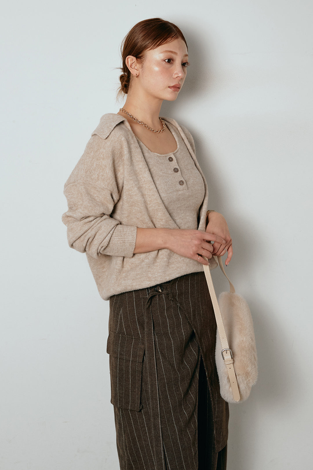 [SET]襟付きレイヤードニットトップス+細ストライプレイヤードデザインパンツ(2set)