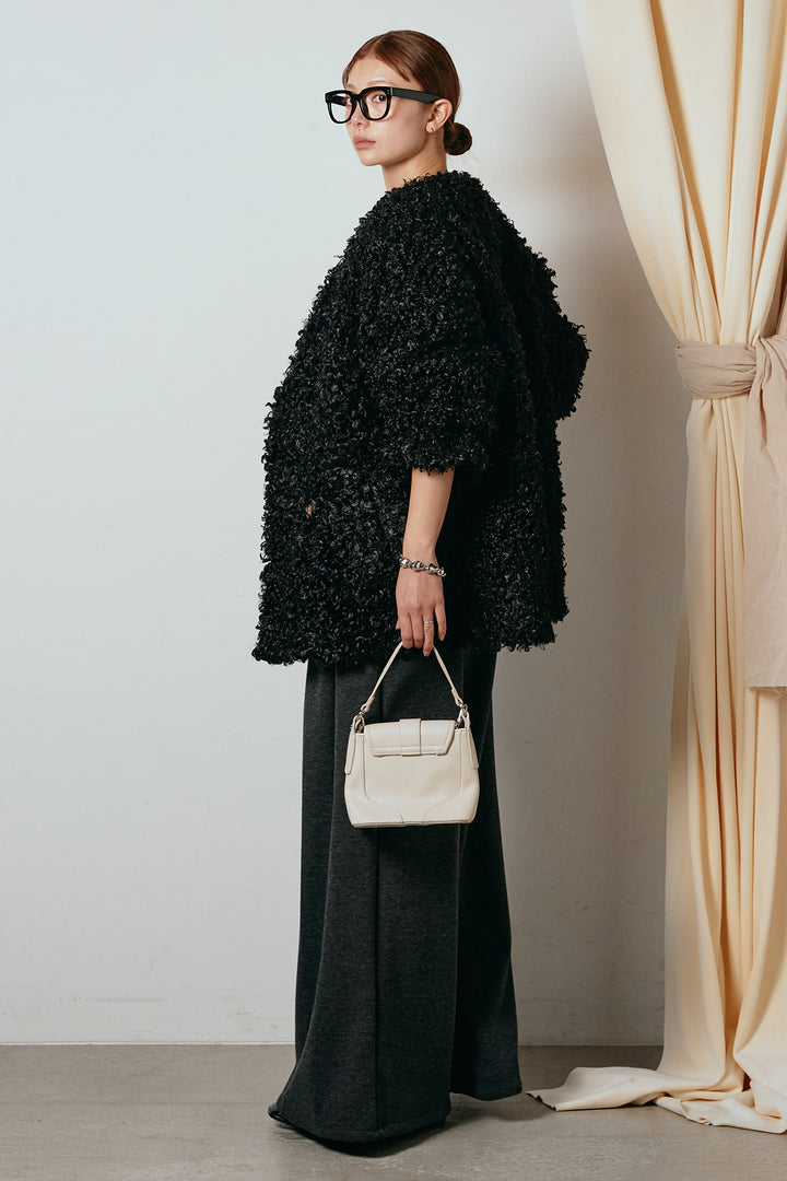 [SET]シープライクファージャケット+フェイクレザー太ベルト付きタックワイドパンツ(2set)