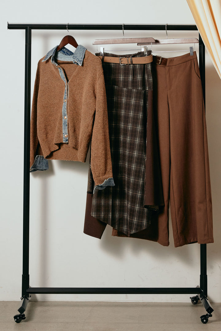 [SET]ニットドッキングデニムシャツ+フェイクレザーサイドベルトワイドパンツ+フェイクレザーベルト付き切り替えタータンチェックスカート(3set)
