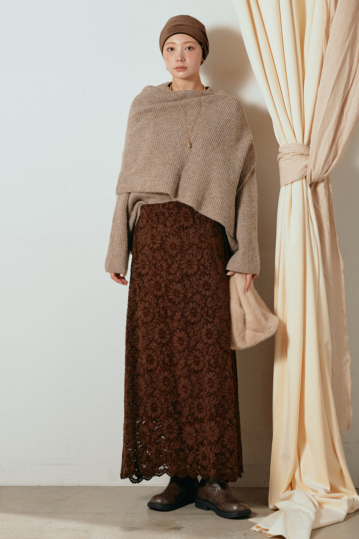 [SET]ケープデザインリブニットトップス+花柄刺繍ベロアフレアスカート(2set)