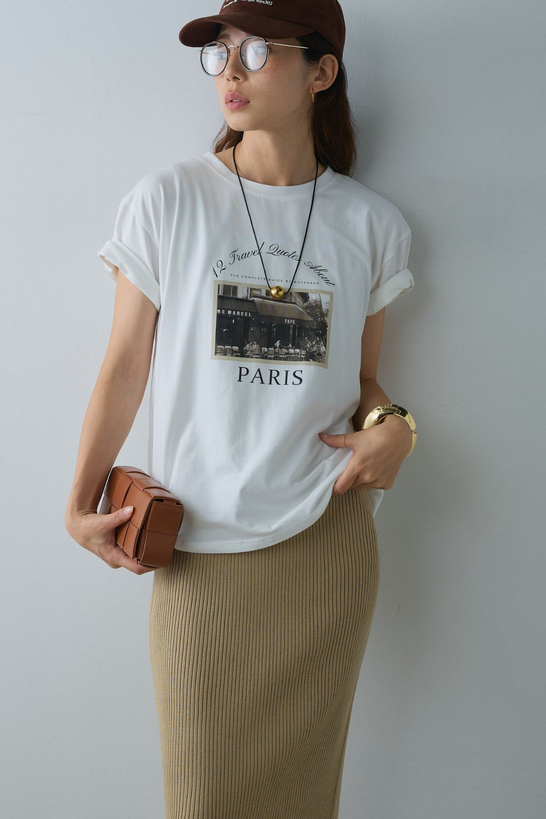 [SET]PARISフォトTシャツ+パッド付きスクエアネックリブニットワンピース(2set)