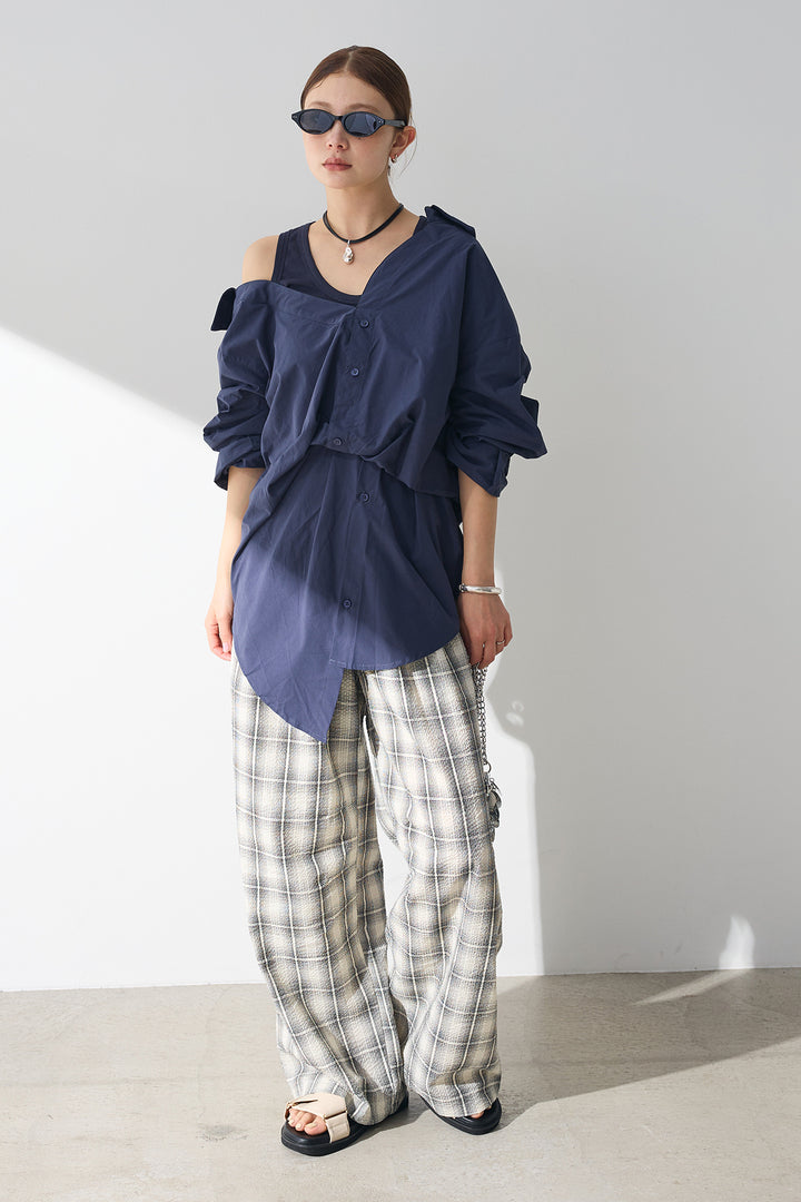 [SET]タンク付きアシメシャツ+タータンチェックワイドパンツ(2set)