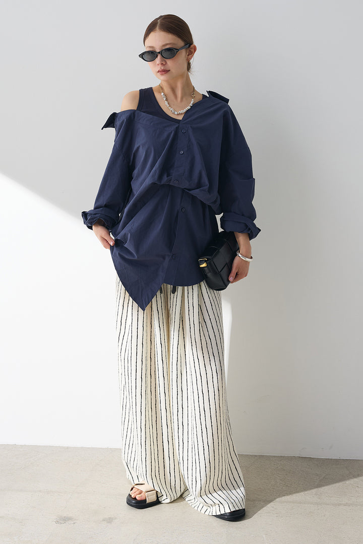 [SET]タンク付きアシメシャツ+レザーベルト付きストライプパンツ(2set)