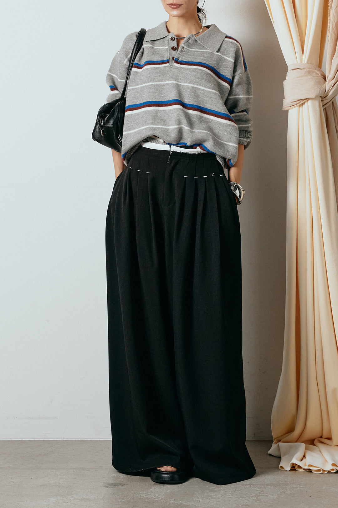 [SET]襟付きマルチボーダーニットポロトップス+ウエストステッチデザインワイドスラックス(2set)
