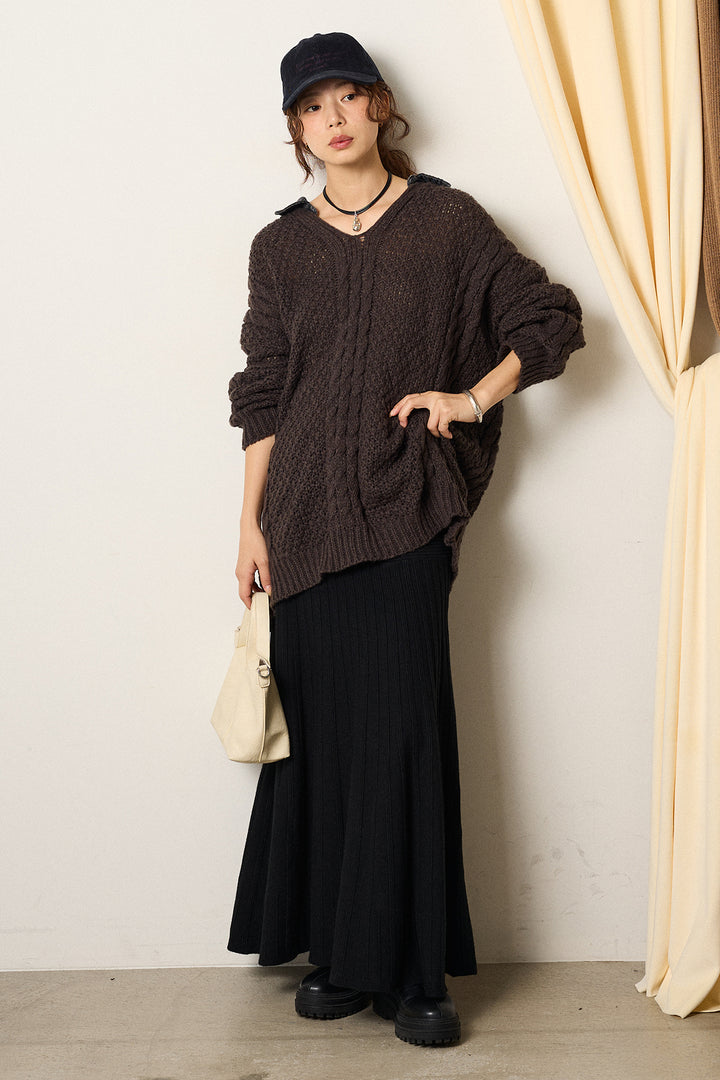 [SET]デニムカラーケーブルオーバーニット+編み地切り替えフレアニットスカート(2set)