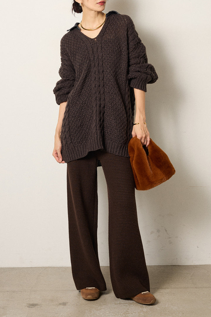 [SET]デニムカラーケーブルオーバーニット+ワイドリブニットイージーパンツ(2set)