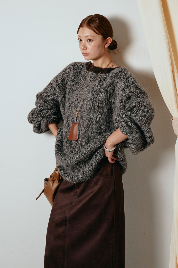 [SET]ボリュームスリーブミックスニットトップス+スウェードライク裾フリンジスカート(2set)