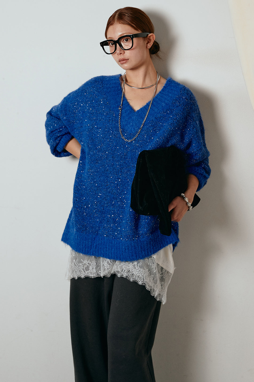 [SET]Vネックルーズラメニットトップス+レース切り替えキャミソール(2set)