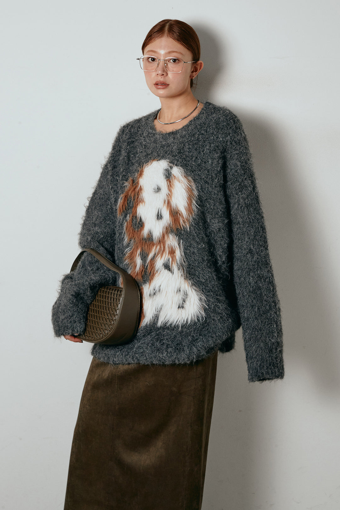 [SET]シャギーニュアンスアニマルニット+スウェードライク裾フリンジスカート(2set)
