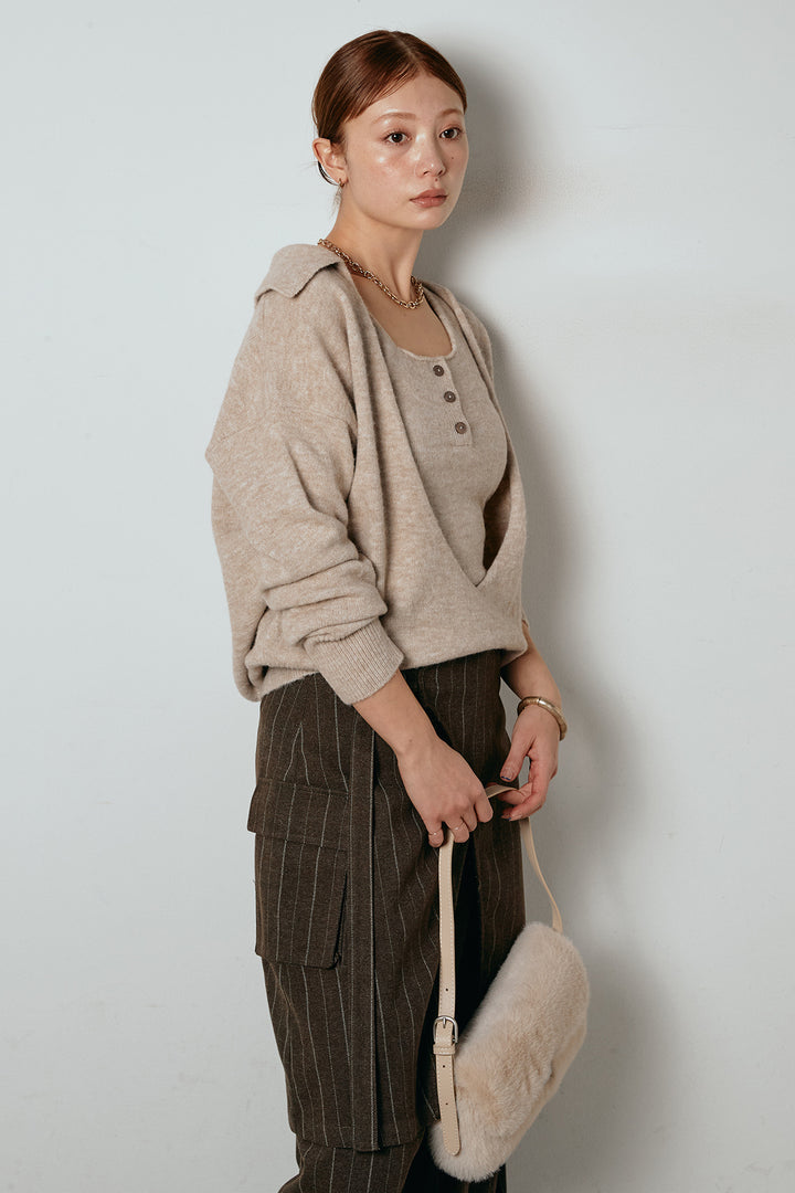 [SET]襟付きレイヤードニットトップス+細ストライプレイヤードデザインパンツ(2set)