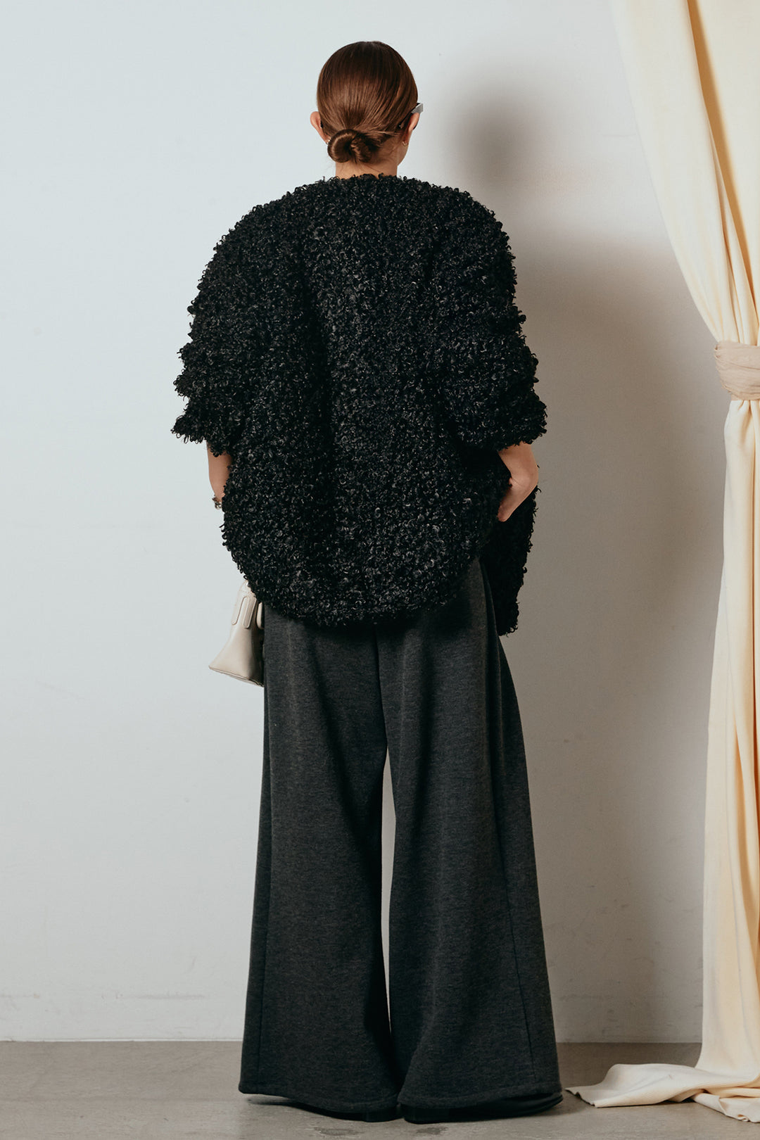 [SET]シープライクファージャケット+フェイクレザー太ベルト付きタックワイドパンツ(2set)