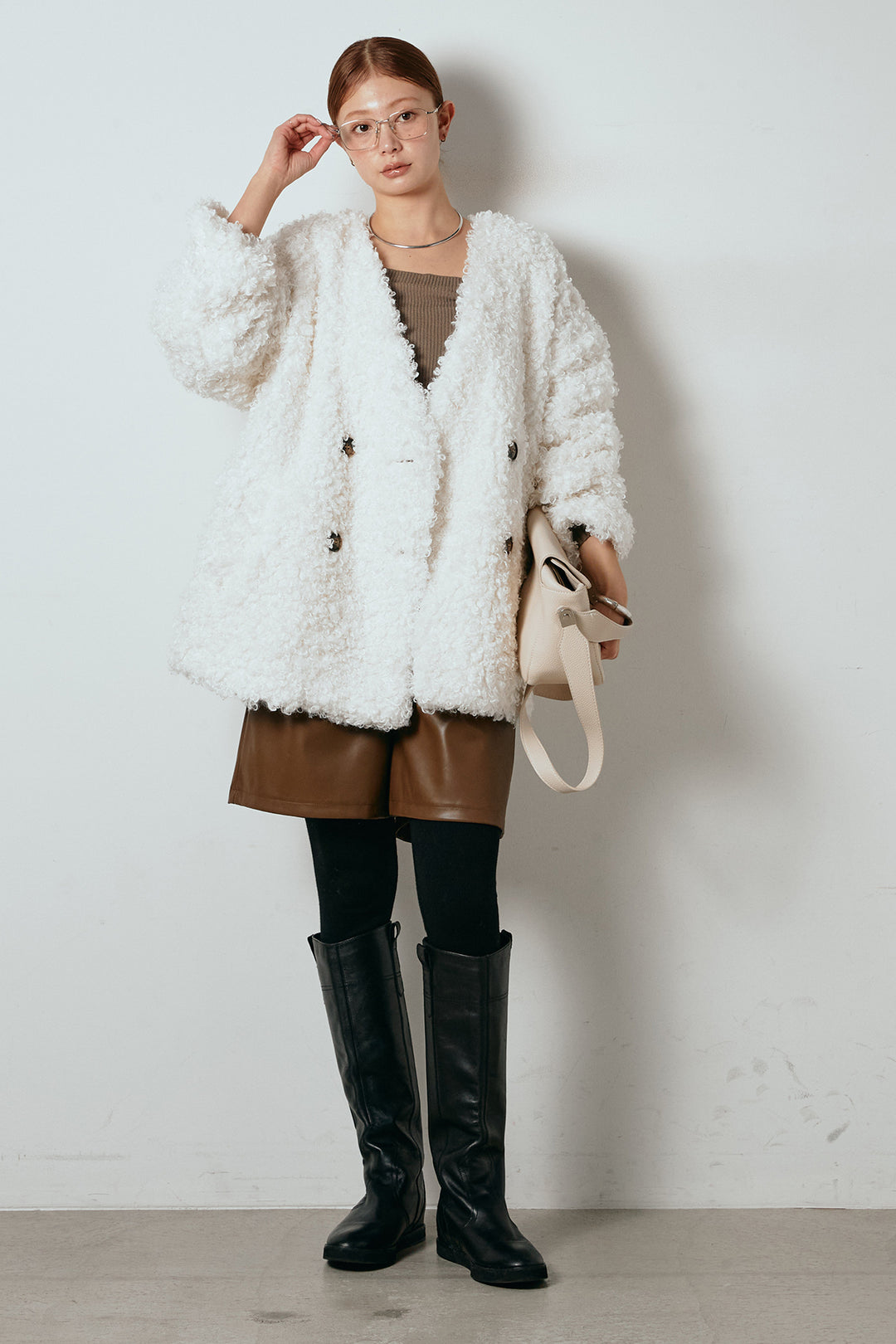 [SET]シープライクファージャケット+ストレッチエコレザーバミューダパンツ(2set)