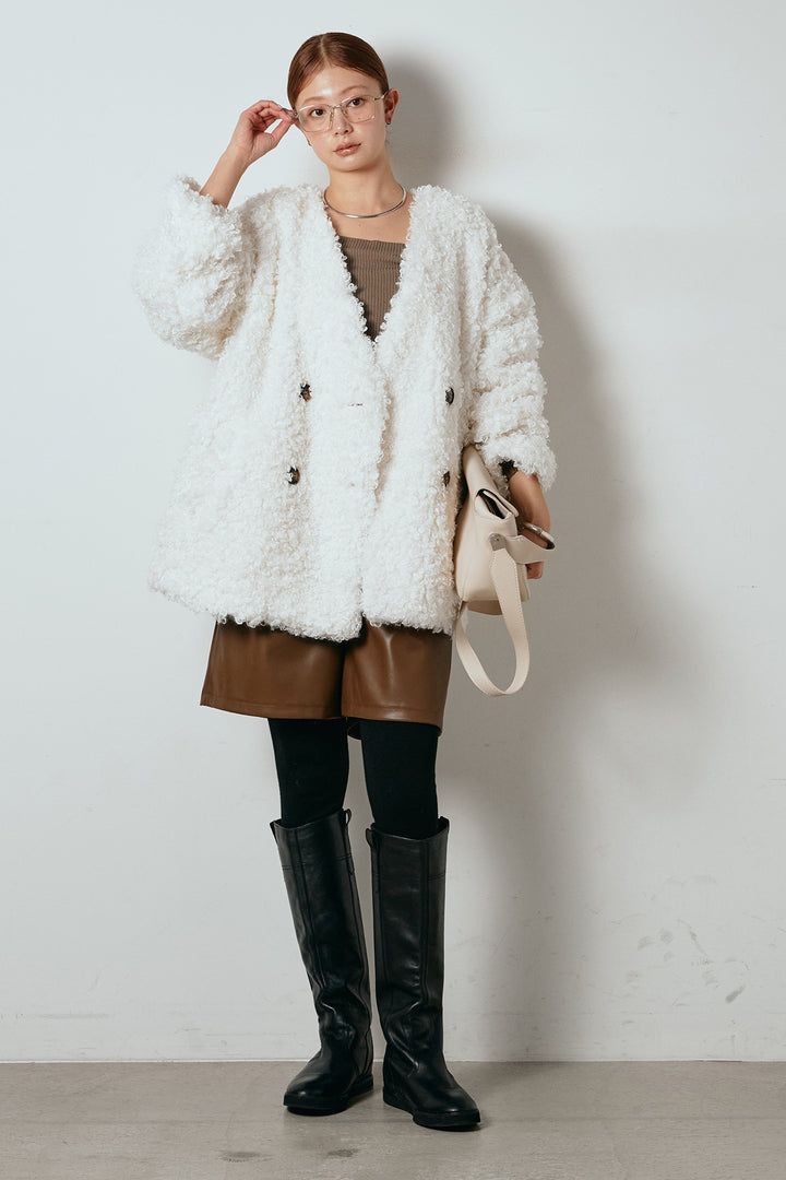 [SET]シープライクファージャケット+ストレッチエコレザーバミューダパンツ(2set)