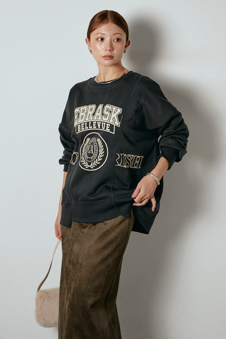 [SET]裏毛カレッジプリントプルオーバー+スウェードライク裾フリンジスカート(2set)