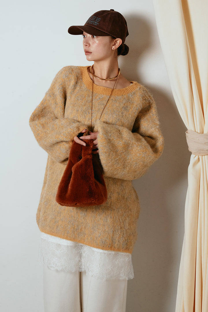 [SET]ボリュームスリーブミックスニットトップス+裏起毛スウェットワイドパンツ+レース切り替えキャミソール(3set)