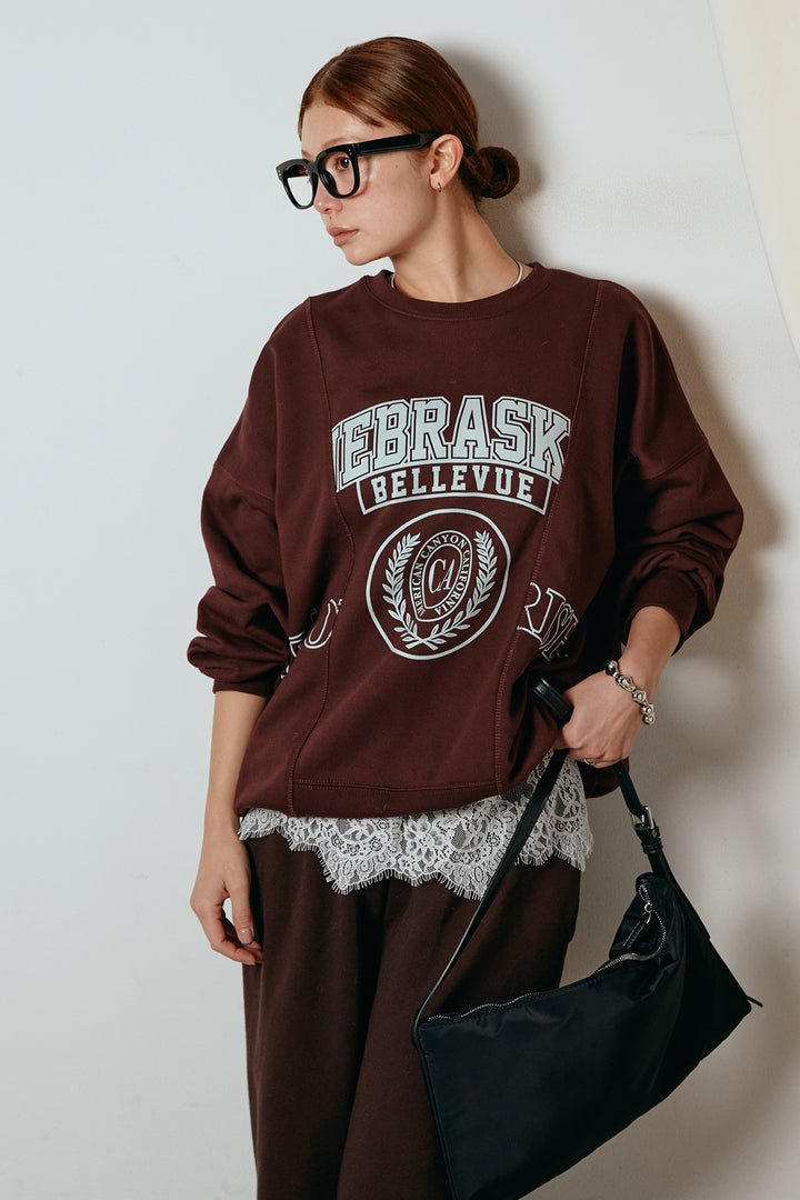 [SET]裏毛カレッジプリントプルオーバー+カップ付きレースドッキングキャミソール(2set)