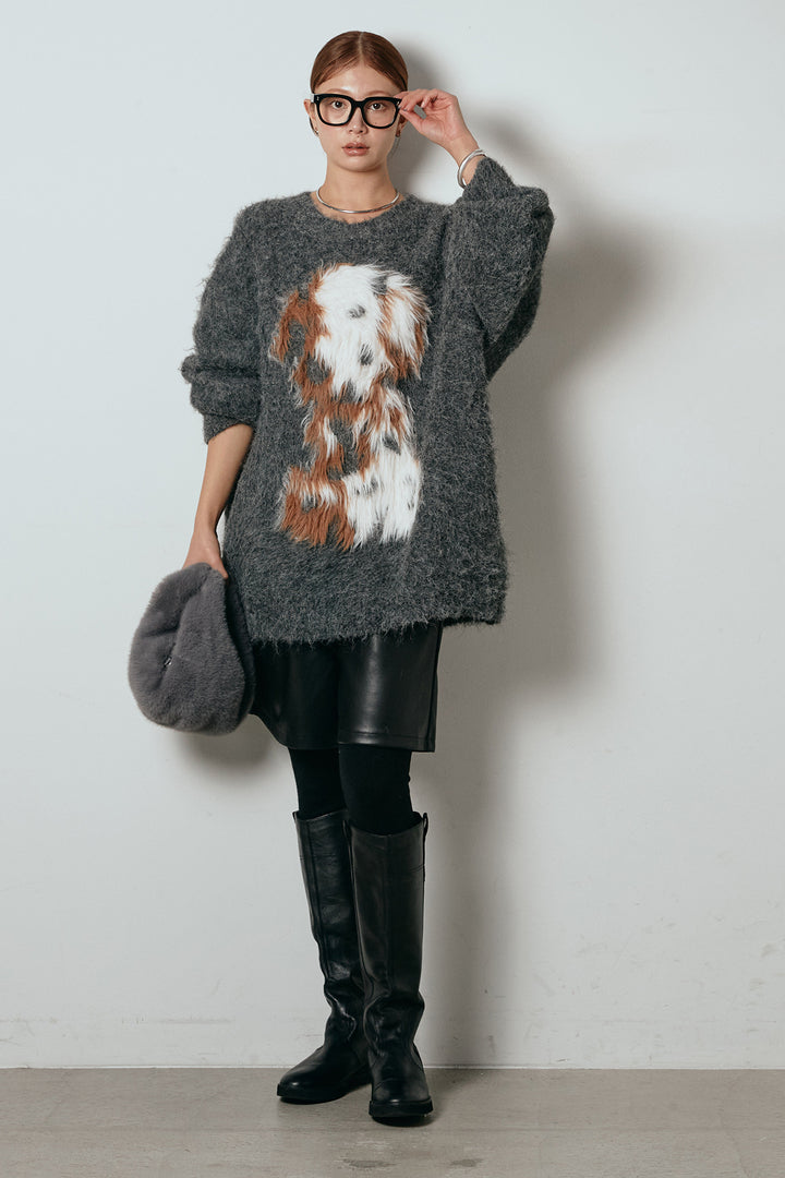 [SET]シャギーニュアンスアニマルニット+ストレッチエコレザーバミューダパンツ(2set)