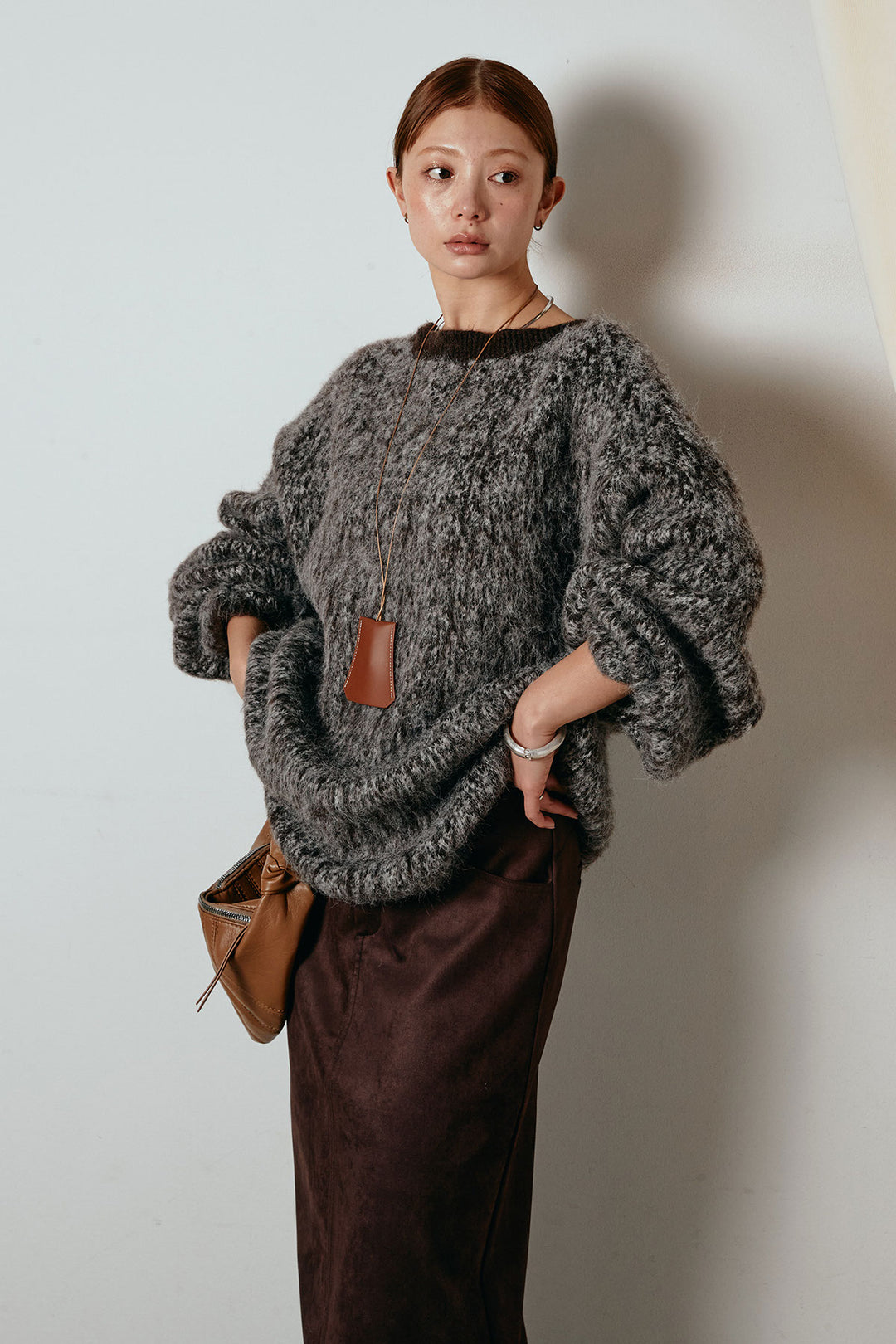 [SET]ボリュームスリーブミックスニットトップス+スウェードライク裾フリンジスカート(2set)