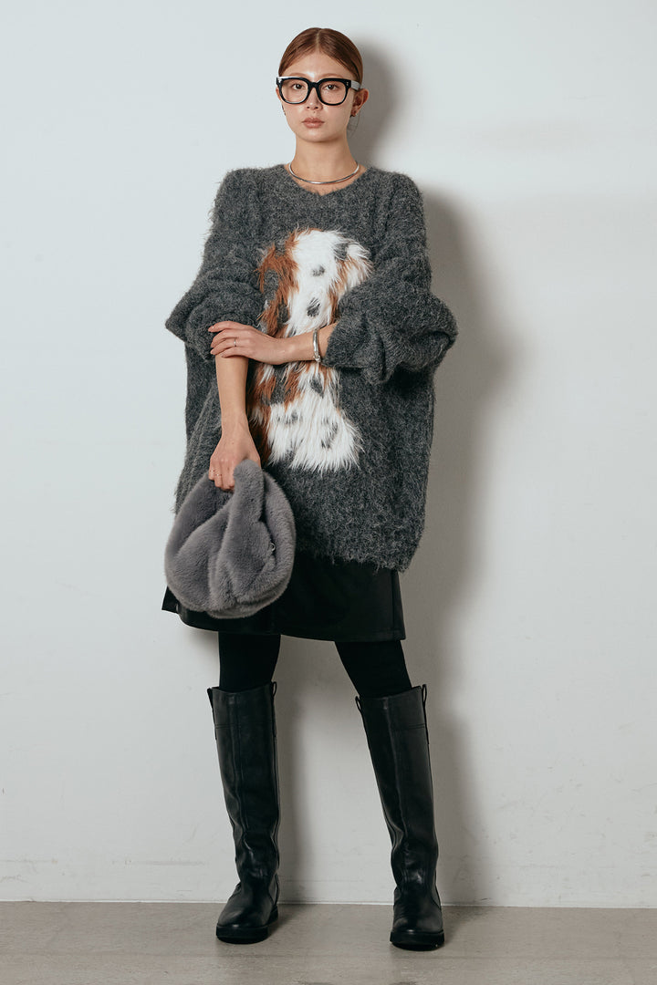 [SET]シャギーニュアンスアニマルニット+ストレッチエコレザーバミューダパンツ(2set)