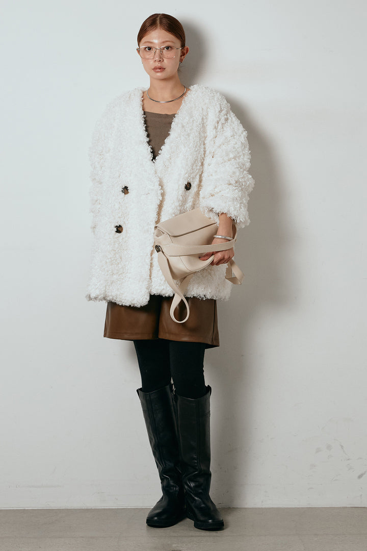 [SET]シープライクファージャケット+ストレッチエコレザーバミューダパンツ(2set)