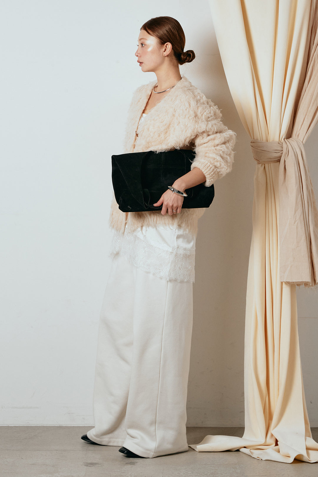 [SET]ルーズシャギーニットカーディガン+レース切り替えキャミソール(2set)