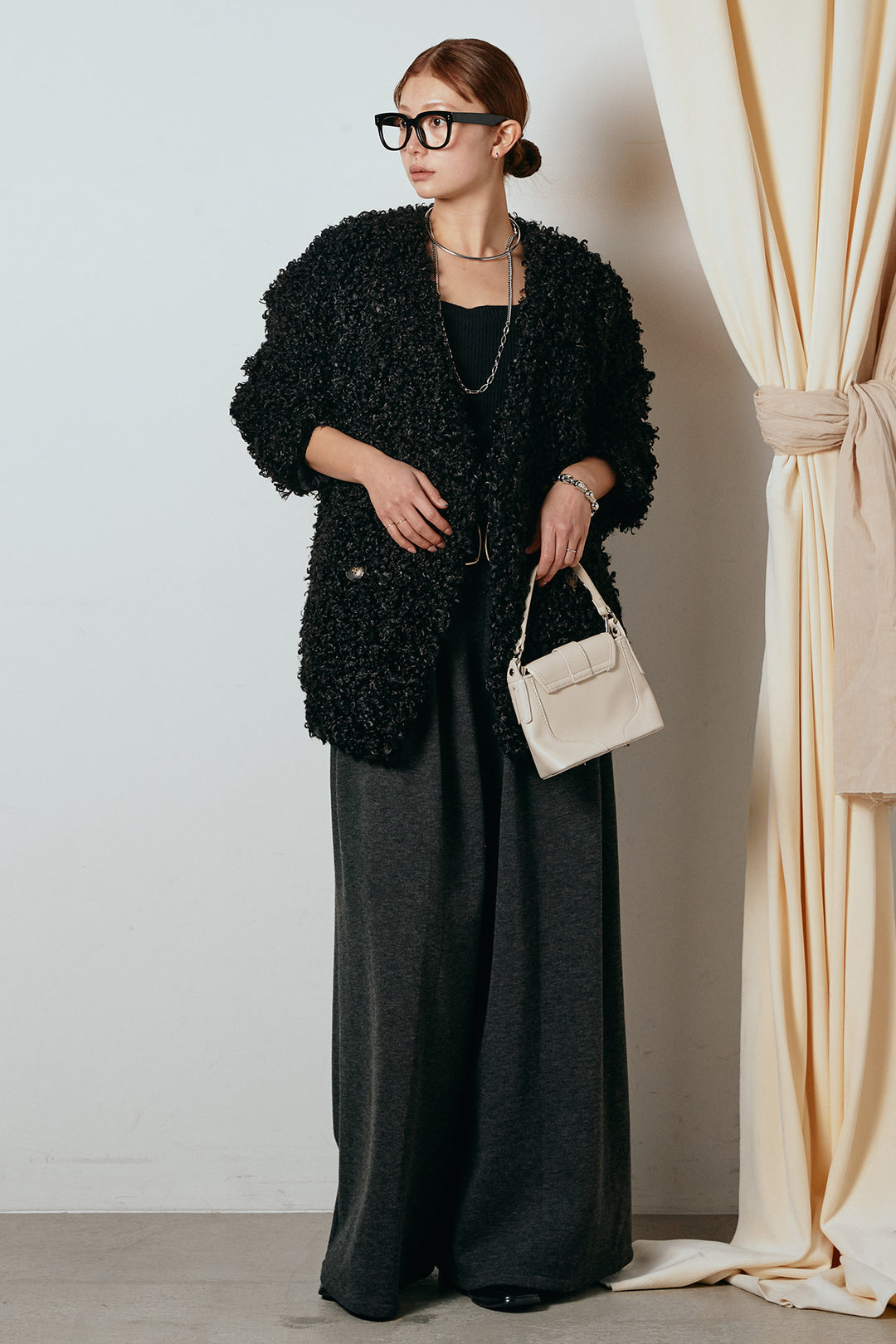 [SET]シープライクファージャケット+フェイクレザー太ベルト付きタックワイドパンツ(2set)