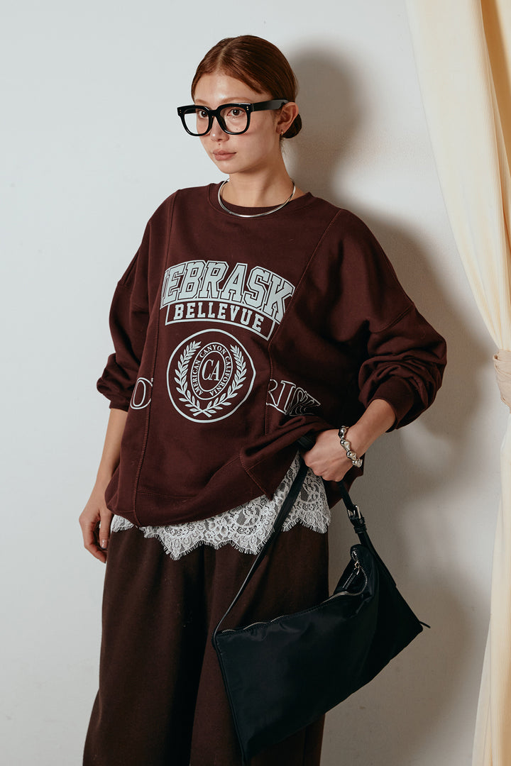 [SET]裏毛カレッジプリントプルオーバー+裏起毛スウェットワイドパンツ(2set)