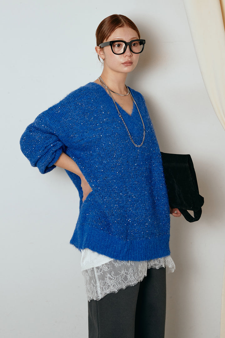 [SET]Vネックルーズラメニットトップス+裏起毛スウェットワイドパンツ+レース切り替えキャミソール(3set)