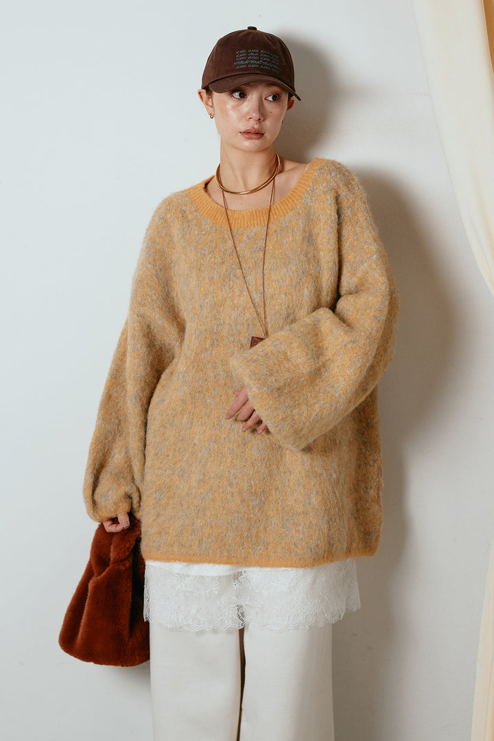 [SET]ボリュームスリーブミックスニットトップス+レース切り替えキャミソール(2set)