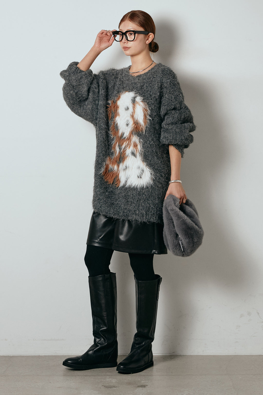 [SET]シャギーニュアンスアニマルニット+ストレッチエコレザーバミューダパンツ(2set)