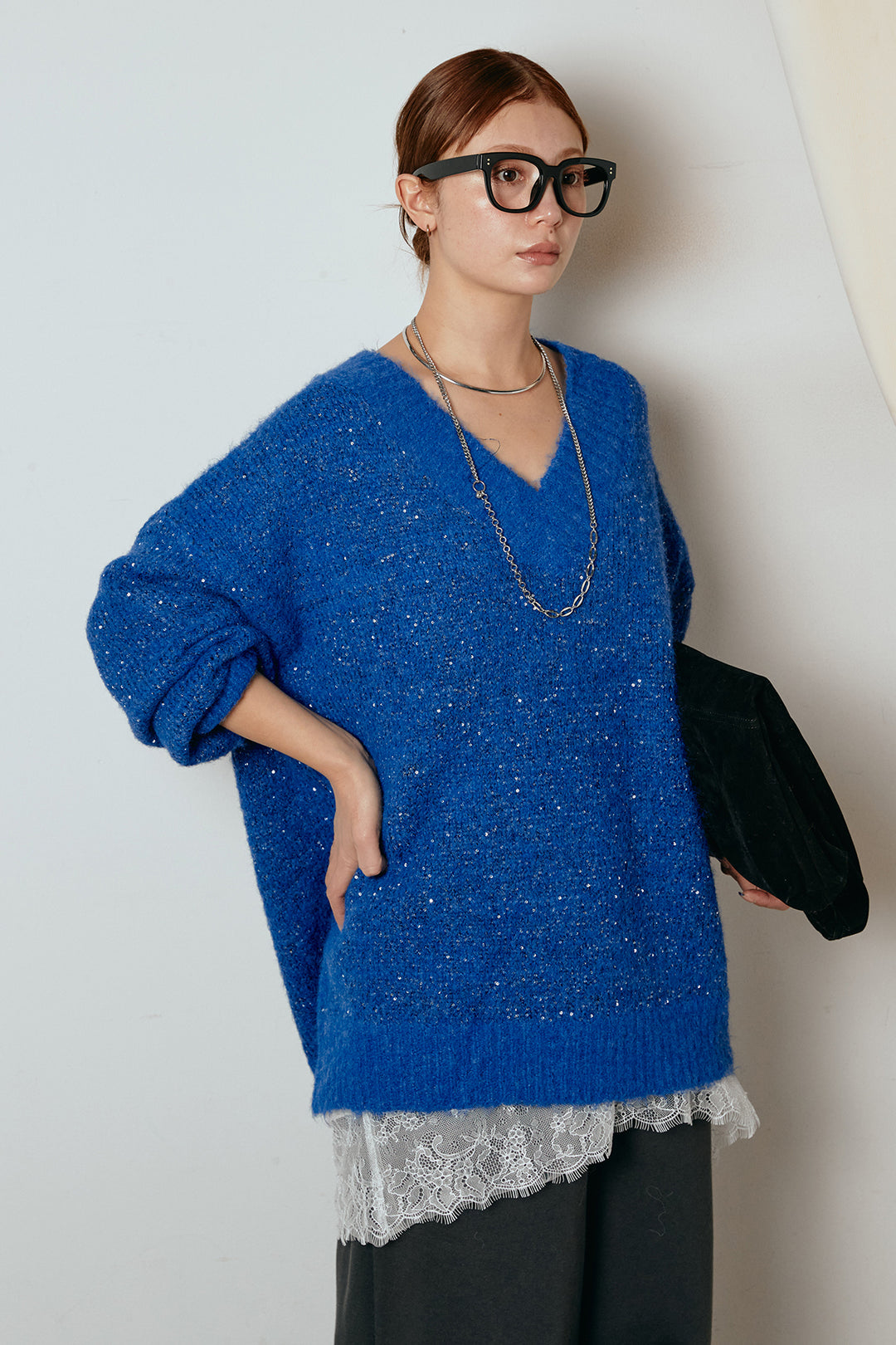 [SET]Vネックルーズラメニットトップス+レース切り替えキャミソール(2set)