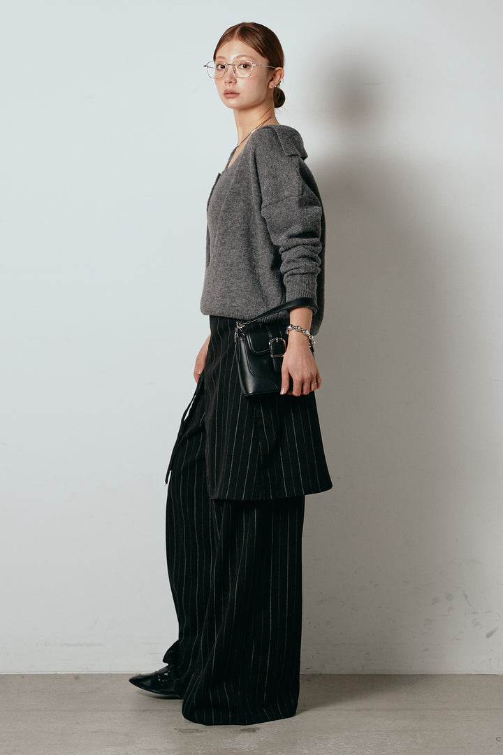 [SET]襟付きレイヤードニットトップス+細ストライプレイヤードデザインパンツ(2set)