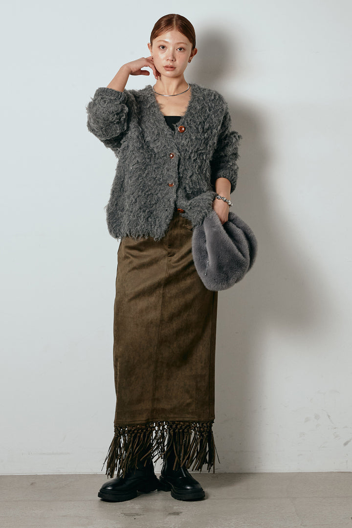 [SET]ルーズシャギーニットカーディガン+スウェードライク裾フリンジスカート(2set)