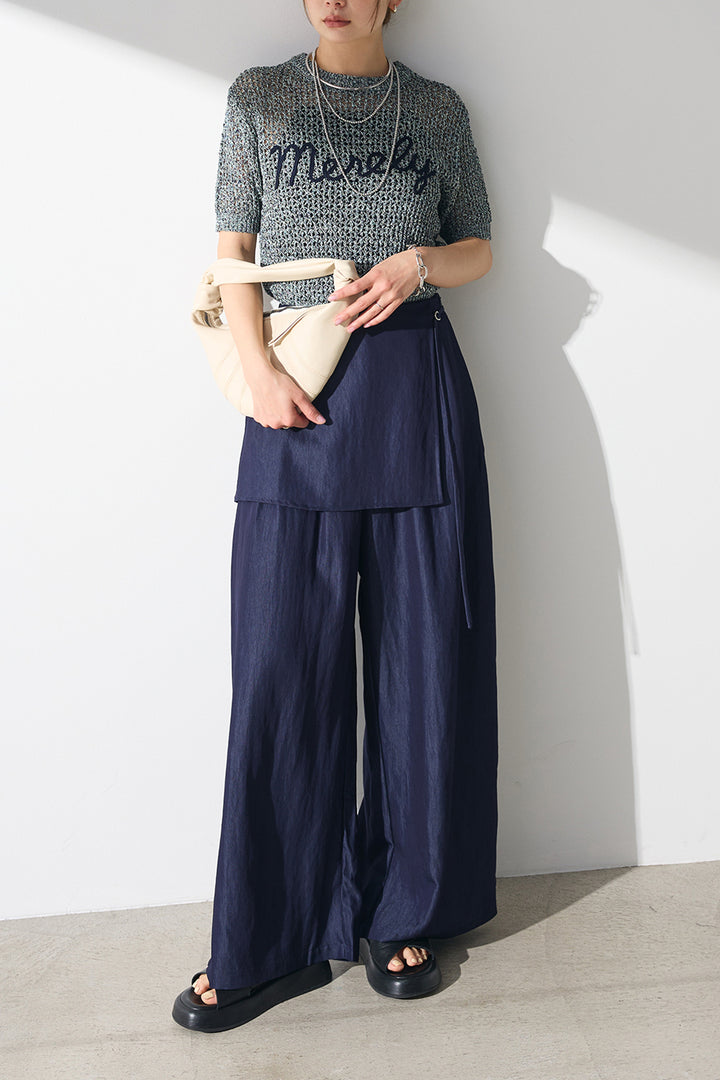[SET]コード刺繍ロゴ入り麻タッチプルオーバー+ウエストレイヤードスカートパンツ(2set)