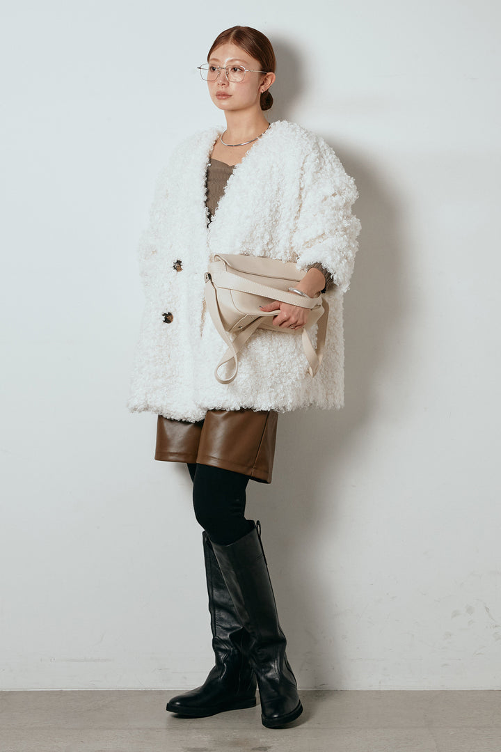 [SET]シープライクファージャケット+ストレッチエコレザーバミューダパンツ(2set)