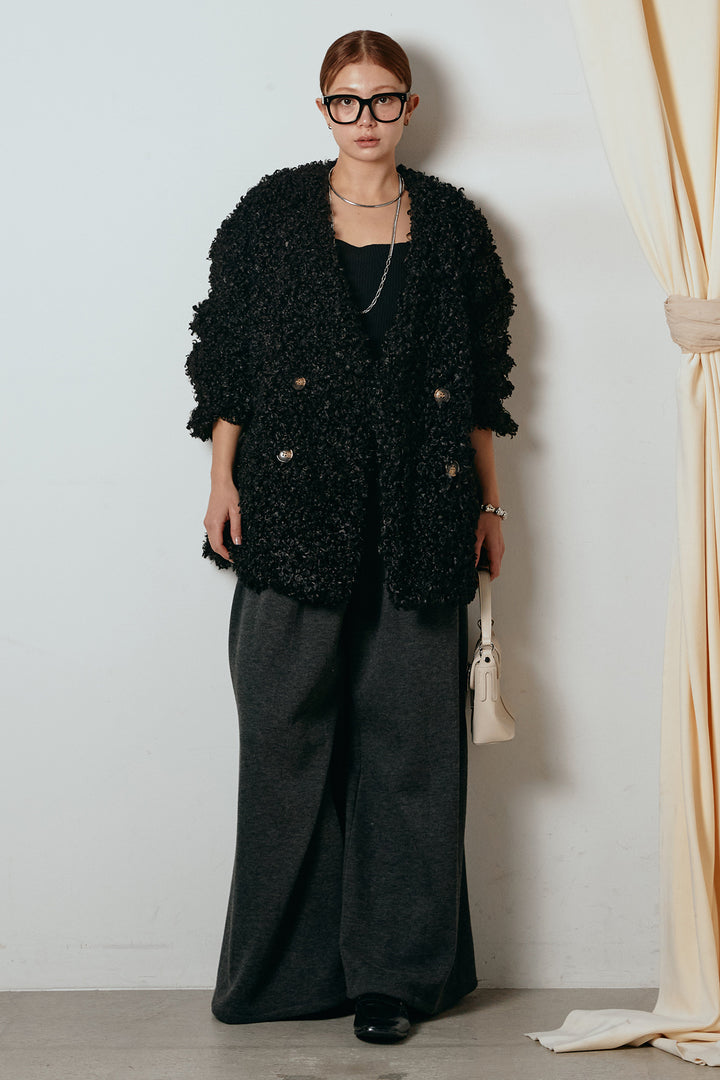 [SET]シープライクファージャケット+フェイクレザー太ベルト付きタックワイドパンツ(2set)