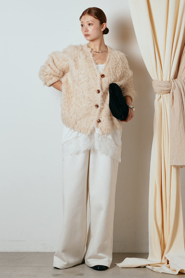 [SET]ルーズシャギーニットカーディガン+裏起毛スウェットワイドパンツ+レース切り替えキャミソール(3set)