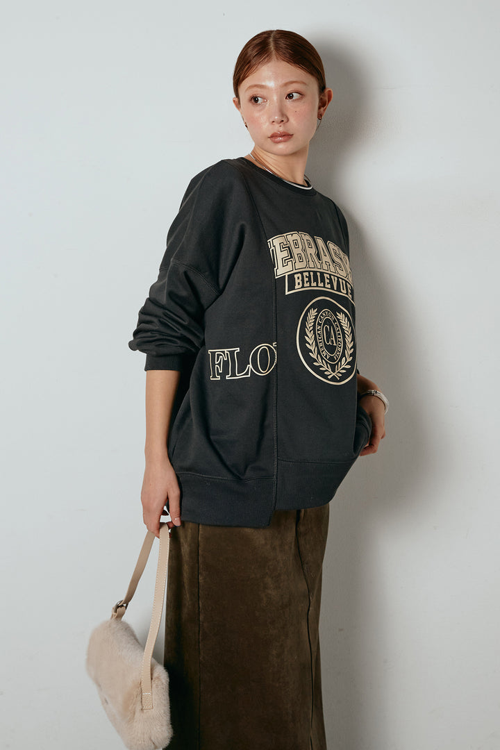 [SET]裏毛カレッジプリントプルオーバー+スウェードライク裾フリンジスカート(2set)