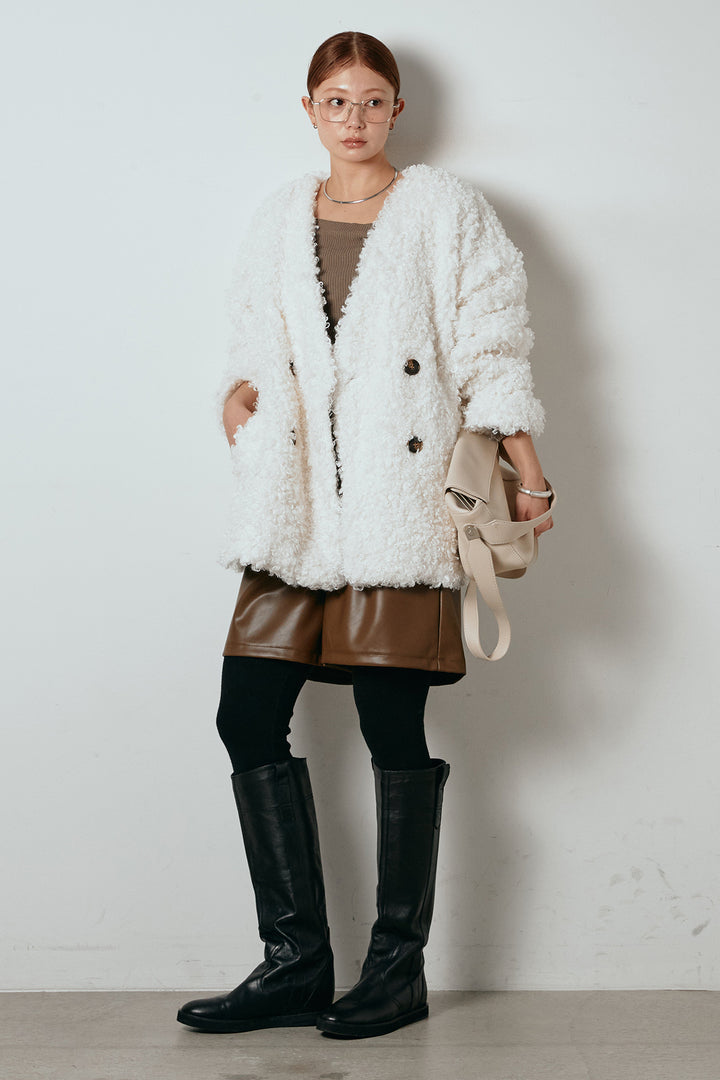 [SET]シープライクファージャケット+ストレッチエコレザーバミューダパンツ(2set)