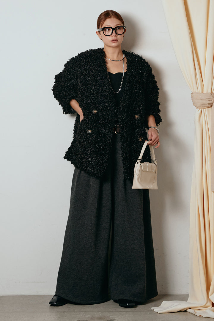 [SET]シープライクファージャケット+フェイクレザー太ベルト付きタックワイドパンツ(2set)