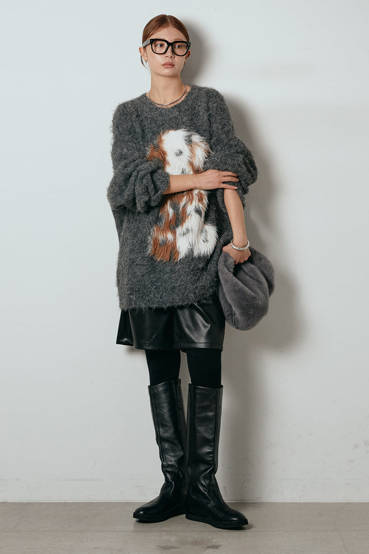 [SET]シャギーニュアンスアニマルニット+ストレッチエコレザーバミューダパンツ(2set)