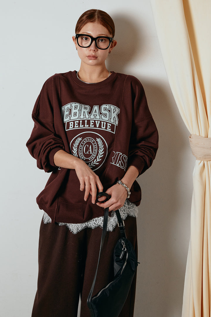 [SET]裏毛カレッジプリントプルオーバー+カップ付きレースドッキングキャミソール(2set)