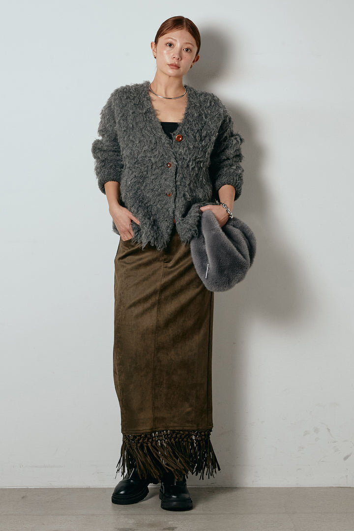 [SET]ルーズシャギーニットカーディガン+スウェードライク裾フリンジスカート(2set)