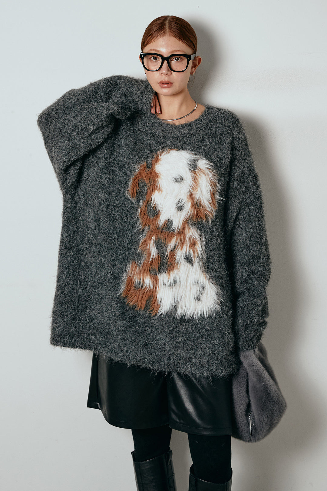 [SET]シャギーニュアンスアニマルニット+ストレッチエコレザーバミューダパンツ(2set)