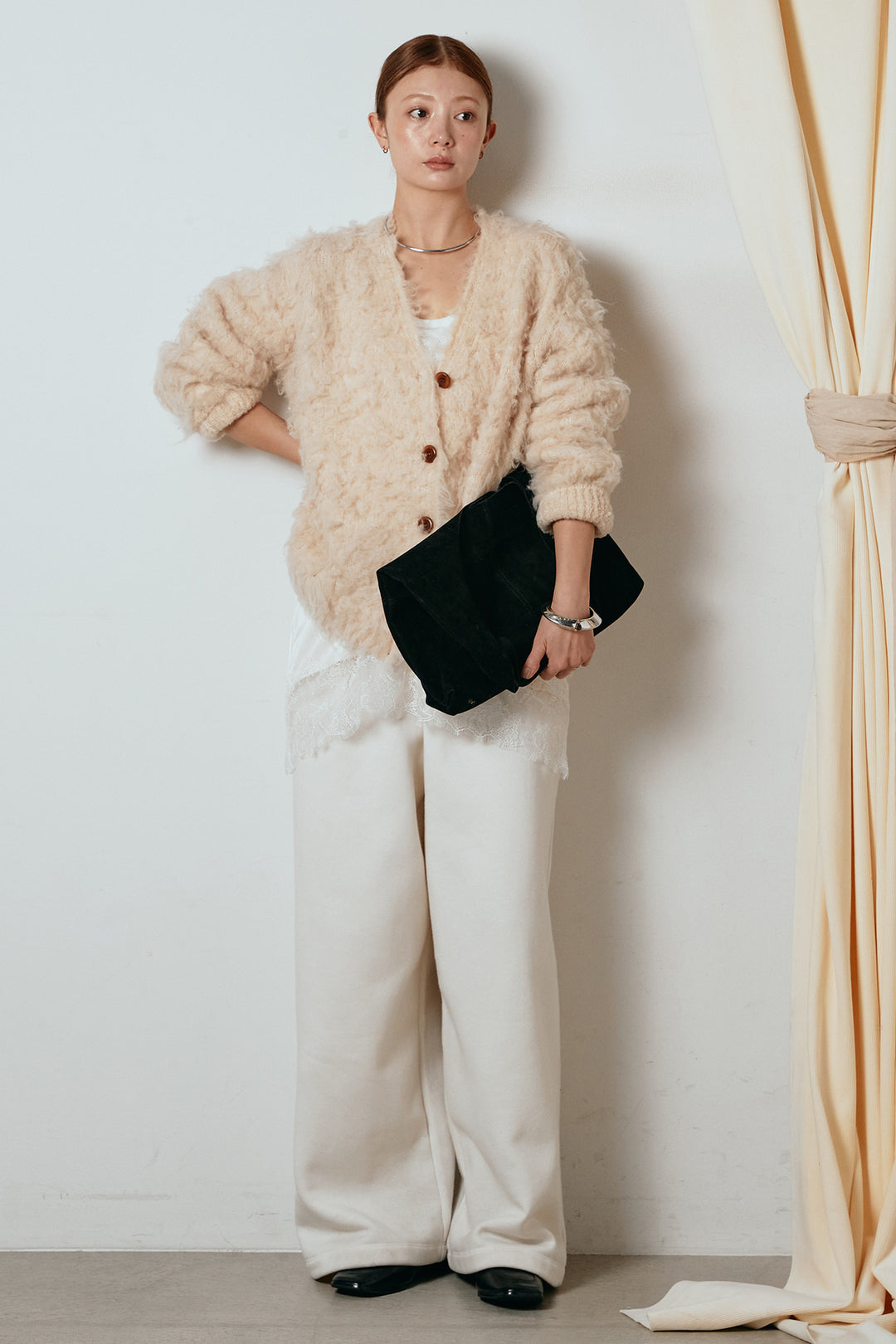 [SET]ルーズシャギーニットカーディガン+レース切り替えキャミソール(2set)