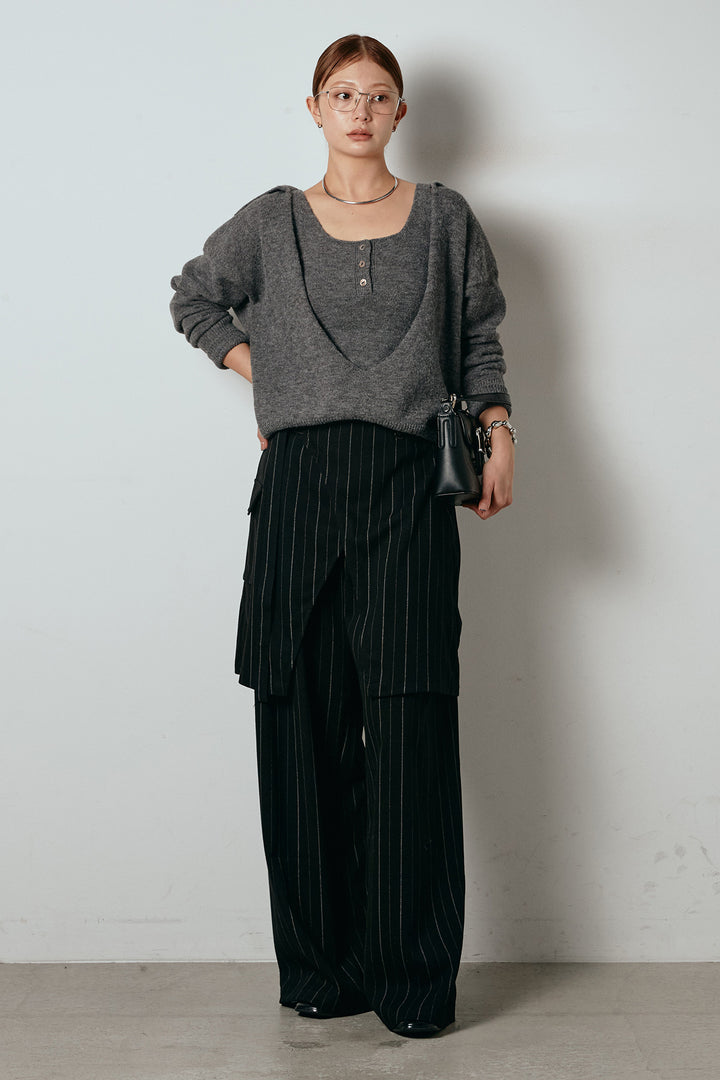 [SET]襟付きレイヤードニットトップス+細ストライプレイヤードデザインパンツ(2set)