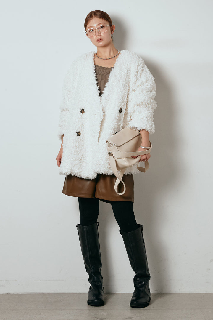 [SET]シープライクファージャケット+ストレッチエコレザーバミューダパンツ(2set)